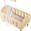Freniland Wooden Doll Crib Bed for 18 Inch Dolls, Baby Doll Furniture Set with Sheer Canopy and Soft Fabric Mattress, Pretend Play Nursery Accessories for Toddlers, Dolls Bed with Curtain