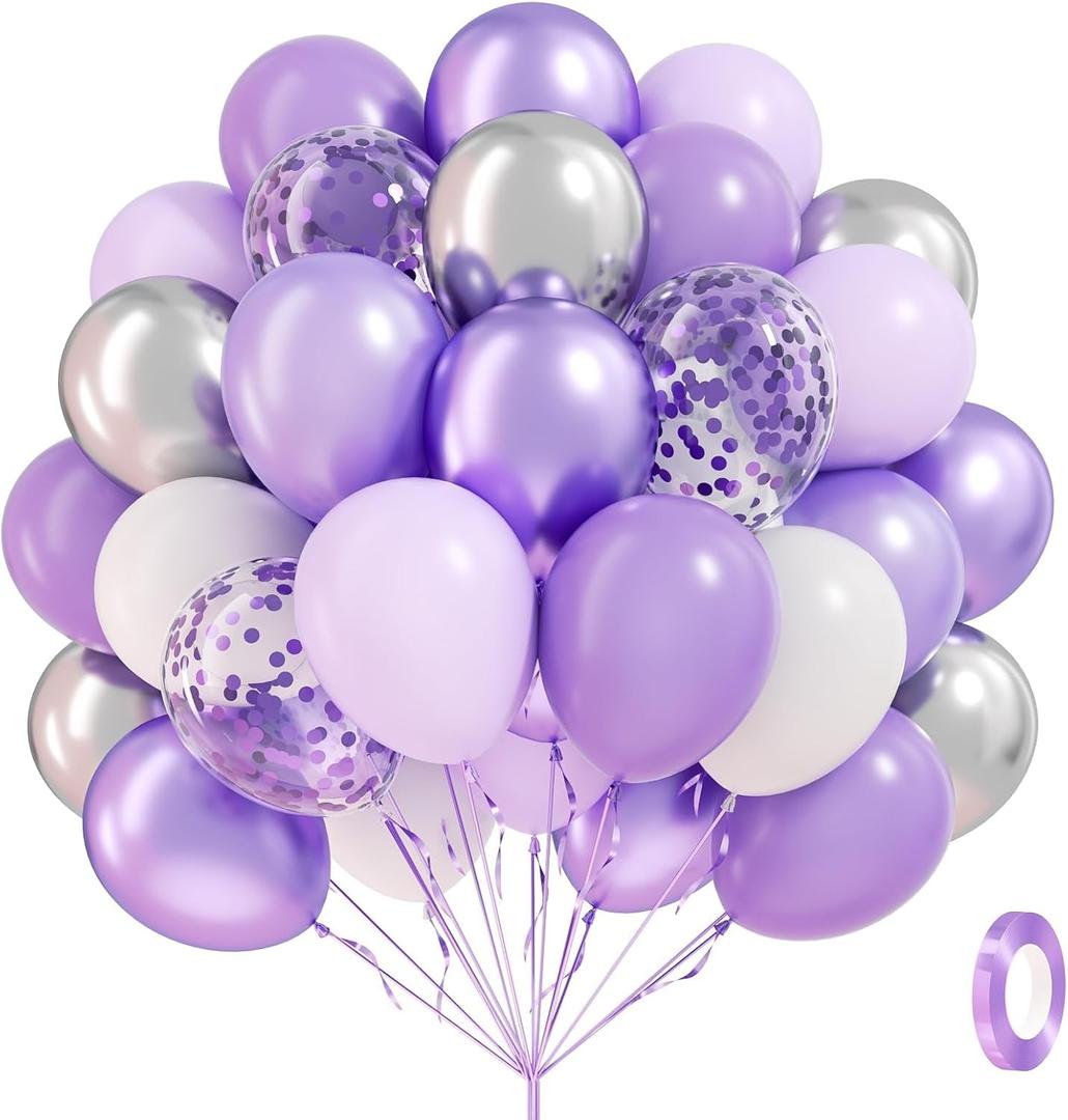 60pcs Purple and Silver Balloons 12inch with Pearl Purple White Metallic Silver Confetti Balloons for Wedding Bridal Baby Shower Birthday Party Decorations (Pastel Purple Sliver)