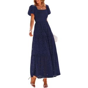 PRETTYGARDEN Summer Dresses for Women 2025 Eyelet Square Neck Puff Sleeve Smocked Wedding Guest Maxi Dress with Pockets (Navy)
