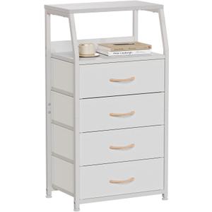 Furnulem Tall 4 Drawers Dresser, Vertical Storage Tower for Bedroom, Hallway, Entryway, Nursery, Closet Organizer, Nightstand Bedside Table Furniture, Sturdy Steel Frame, Wood Top, White