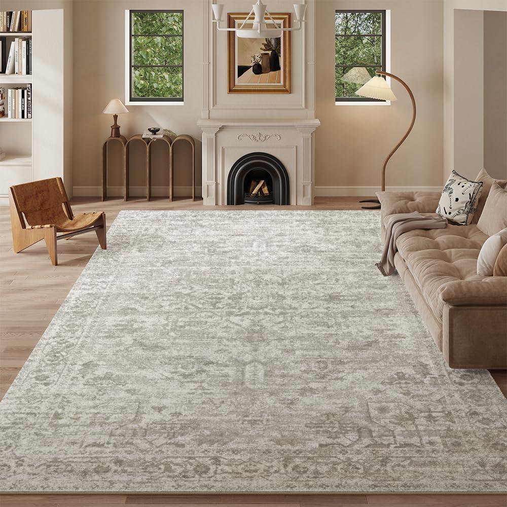 8x10 Beige Brown Washable Area Rug for Living Room, Dining Room, Bedroom, Large Carpets, Non Slip & Non-Shedding Low Pile Vintage Print Rug for Home Office Decor
