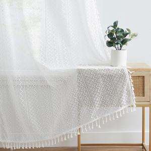 ZJDECOR Short White Boho Lace Sheer Curtains with Tassels,72 Inches Farmhouse Drapes for Living Room Bedroom,Vintage Geometric Pattern Window Treatment,Rod Pocket,40" Wx72 Lx2