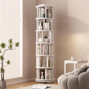 Solid Wood Rotating Bookshelf on Wheels, 6 Tier, Round Revolving Bookcase, 360 Spinning Book Shelf Tower for Kids, Narrow Rolling Bookshelves for Small Space, Corner, Bedroom, Office, White