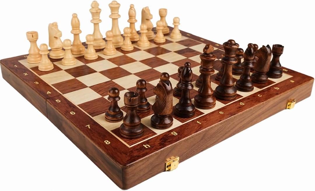 15'' Walnut Chess Set with Storage Board for Adults & Children, 2 Players