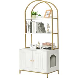 Homhedy Cat Litter Box Enclosure, Litter Box Furniture Hidden with 2-Tier Storage Shelves, Wooden Cat Washroom Furniture with Metal Frame, Modern Style, White and Gold