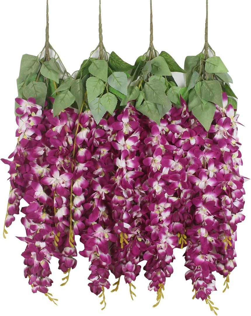 Duovlo Silk Wisteria Flower Artificial 2.13 Feet Hanging Wisteria Vine Fake Flower Bush String Home Party Wedding Decoration,Pack of 4 (Dark Purple)