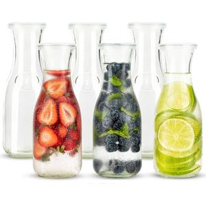 Glass Carafe Pitchers, by Kook, Mini Carafes- set of 6, Beverage Dispensers, Clear Jugs For Mimosas, Water, Wine, Milk and Juice, with Plastic Lids, Dishwasher Safe 17.3 oz