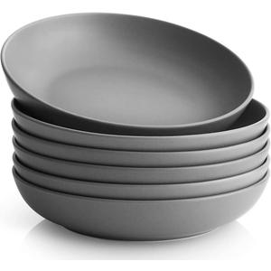 Y YHY Pasta Bowls Set of 6, Large Salad Serving Bowls, Porcelain Soup Bowls 30 Ounces, Wide and Flat, Microwave Dishwasher Safe, Matte Grey