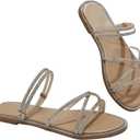 OYOANGLE Women's Rhinestone Strappy Open Toe Slide Sandals Slip on Casual Flat Sandals, Size 8.5