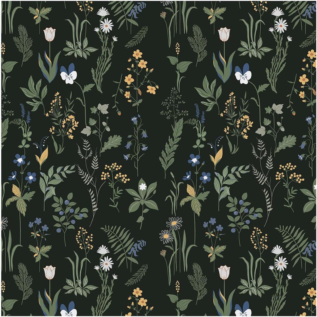 Removable Peel and Stick Wallpaper Boho 17.5 x 394 In Floral Wallpaper for Bedroom Bathroom Easy Peel Off Wallpaper Stick on Wallpaper Contact Paper Renter Friendly Wall Paper with Knife Tape Measure (Dark)