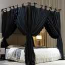 AIOOO 4 Corners Post Princess Curtain Bed Canopy Double Layer Cozy Mosquito Net Mesh and Cloth for Adults Bedroom Decoration (Double-Black/Black, 64" W*82" L*82"*H/(Queen))