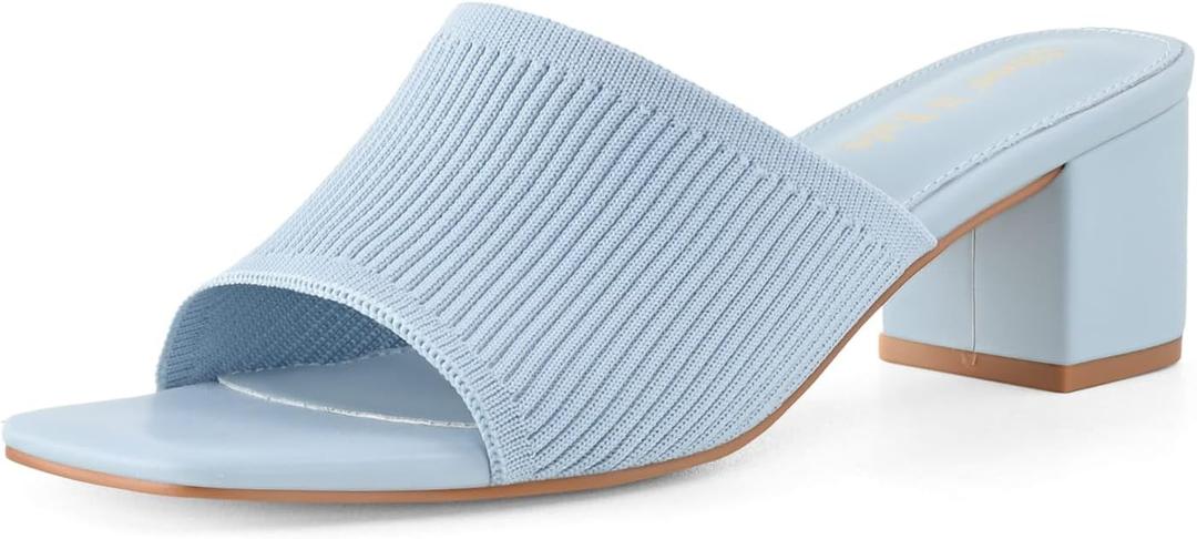 Shoe'N Tale Heeled Sandals For Women Square Open Toe Heeled Mules Chunky Block Low Heel Slip On Slides (5, Blue)