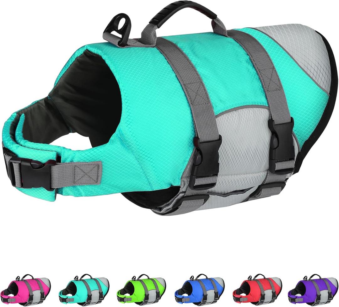 Dogcheer Dog Life Jacket, Reflective Dog Life Vest for Swimming Boating, Adjustable Puppy Swim Vest Ripstop Pet PFD Floating Preserver Small Medium Large Dogs - Pine-Green Gray M