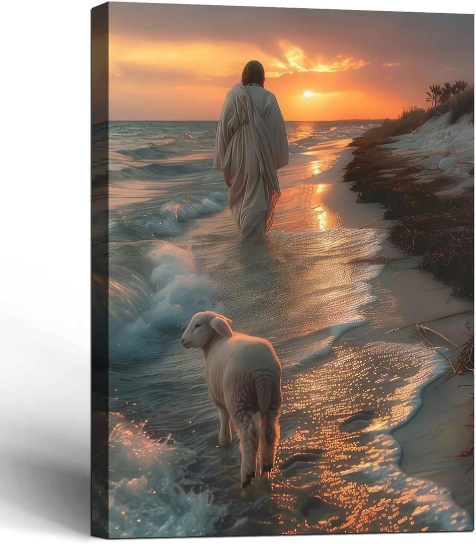 Framed Jesus Canvas Wall Art Jesus Lamb Walking on the Beach Wall Decor Gallery Decoration Unique Print Living Room Bedroom Church Christian Decor 12x16 Inch Ready to Hang