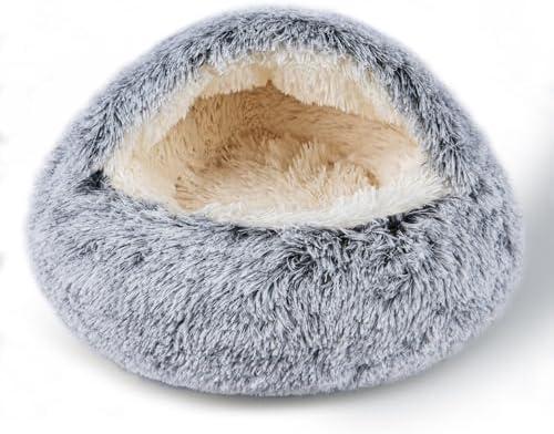 Cat Bed for Indoor Cats, Calming Cozy Cave with Self-Warming Plush, Entire Bed Machine Washable & Anti-Slip Base, Breathable Pet Bed for Small Cats&Dogs All Seasons (Grey, 20 * 20inch)