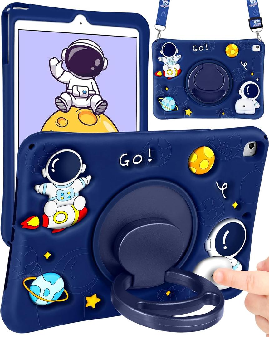 Wazzasoft for iPad 6th Generation/iPad Air 2/Pro 9.7 Inch Case Boys Cute Astronaut Cover Kawaii 3D Cartoon Rotating Handle Stand+Strap Silicone Funda for Apple iPad Cases 6th Gen/ Air2/ Pro9.7