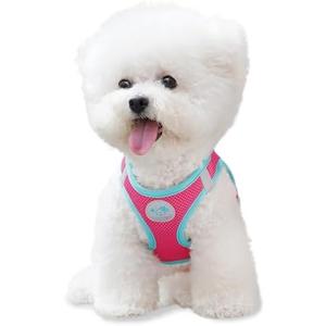 PHOEPET Step-in Dog Harness,Reflective Adjustable Dog Vest Harness, Soft Pet Walking Jacket with 2 Metal Leash Hooks for Dog and Cat(Pink Base & Green Straps,XS)