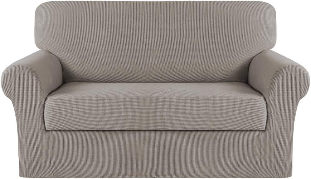 Turquoize Stretch Sofa Slipcover 2 Pieces Sofa Cover Couch Cover for 2 Cushion Couch Washable Furniture Protector Covers with Elastic Bottom Feature Thick Jacquard Fabric (Loveseat, Taupe)