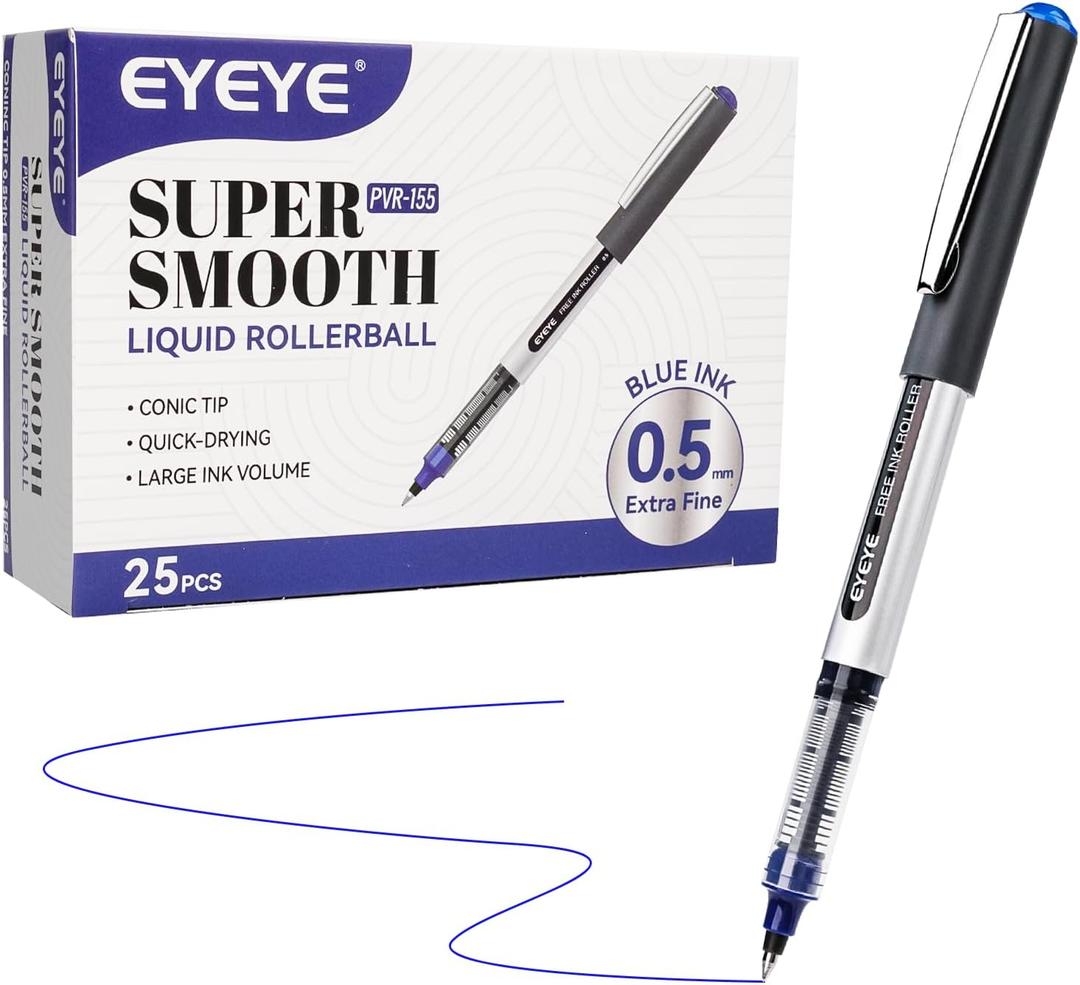 EYEYE 25 Pack 0.5mm Blue Rollerball Pens Extra Fine Point Quick Dry, Liquid Ink Pens Fine Point Smooth Writing Pen for Journaling, Note Taking, Office, School Supplies