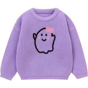 Toddler Girl/Boy Halloween Sweater Pumpkin Smile Embroidery Sweater Knitted Pullover Fall Winter Clothes (Purple)