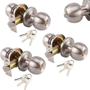 3 Pack Stainless Ball Door Knobs with Lock and Key - Round Ball Entry Lock Interior/Exterior Door Knob for Bedroom/Bathroom