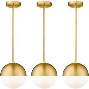 LMS 8 Inch Mid Century Pendant Lights, Brushed Gold Kitchen Island Light Fixtures with White Globe Glass Shade, Adjustable Hanging Rod, 3-Pack for Home Office Dining Room Bathroom, LMS-186BG3PK