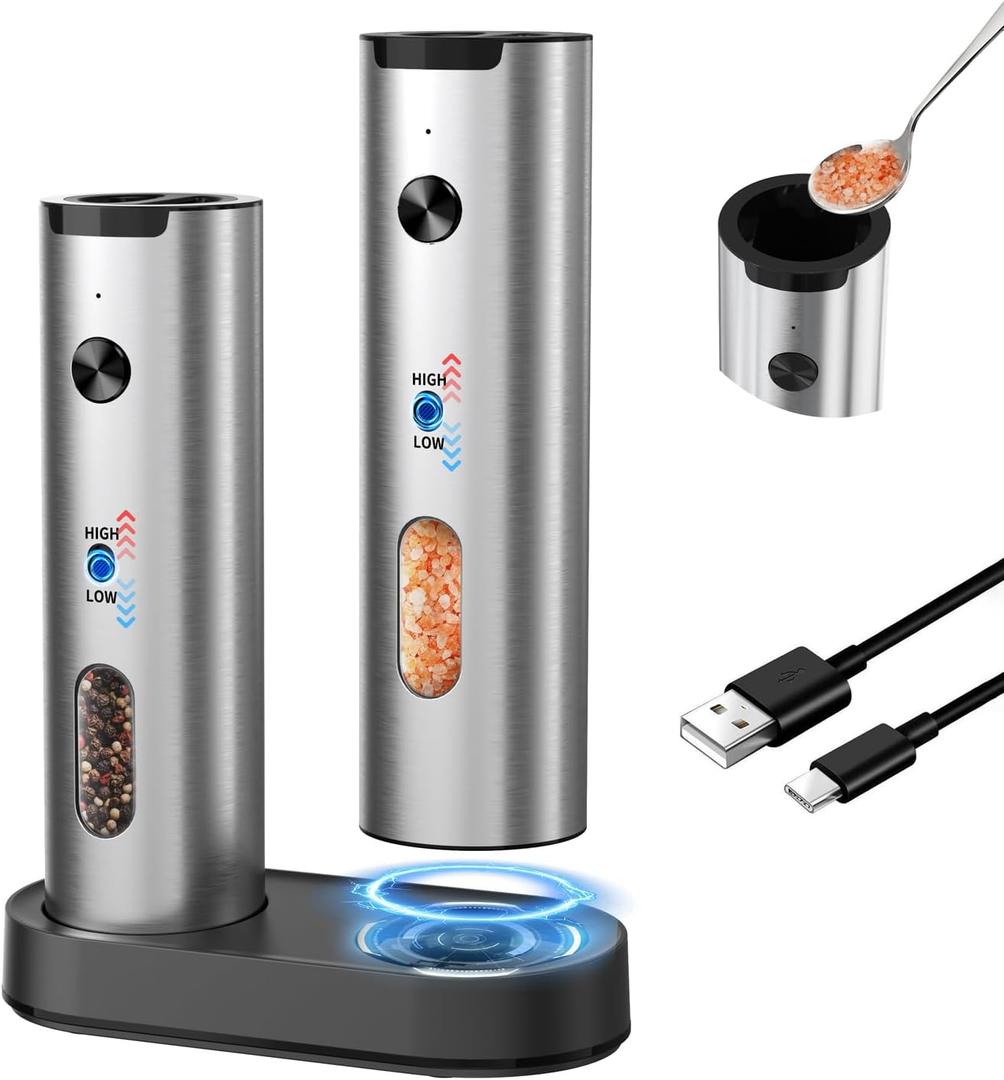 CIRCLE JOY Rechargeable Electric Salt and Pepper Grinder Set, 2-speed Stainless Steel Automatic Pepper Mill Grinder w/Charging Base, Adjustable Coarseness, LED Light, 110ml Large Capacity Top Fill