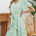 CiCiBird Womens Summer Dresses V Neck Ruffle Short Sleeve Flowy Beach Vacation Wedding Guest Dress Green Floral S (Green)