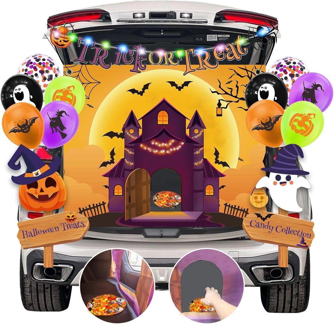 Halloween Trunk or Treat Decorations Kit for Car SUV with Trick or Treat Banner, Backdrop, Balloons, Stickers, Halloween Decor for Garage Door Entryway Archway