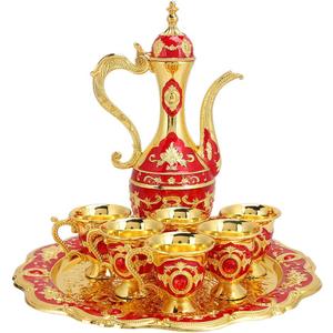 Vintage Turkish Coffee Set, Small Teapot Set Russian Metal Pot Kit Contain Tray Teapot Flask and 6 Cups Retro Jug and Mini Goblets for Wedding Ornaments Gift Tea Party(Red)