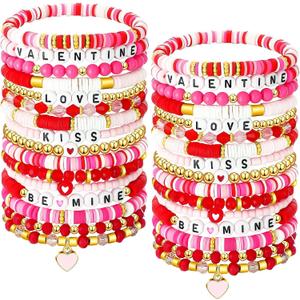 Sasylvia 32 Pcs Valentines Day Bracelets Pink Heishi Polymer Clay Beaded Bracelets Preppy Beach Stretch Bracelet Elastic String Summer Surfer Stackable Charm for Women Party