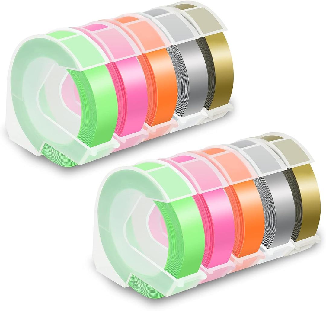 Pristar Compatible for DYMO Embossing 3D Plastic Label Tapes 9mm, Work with DYMO Junior Home Embossing Label Maker, Organizer Xpress Pro, Neon Pink/Orange/Green/Gold/Silver, 3/8" x 9.8', 10-Pack