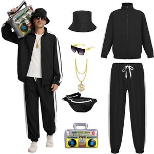 Retro 80s 90s Outfit for Men - Vintage 80s Halloween Costumes for Men-Tracksuit Set with Hip-Hop Accessories, Large