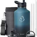 BUZIO 64 oz Water Bottle Insulated with Straw & 3 lid and Carrying Pouch, Leak Proof Half Gallon Stainless Steel Water Flask Jug, Cold for 48 Hrs Double Vacuum Thermo Canteen, BPA-Free, Indigo Crush