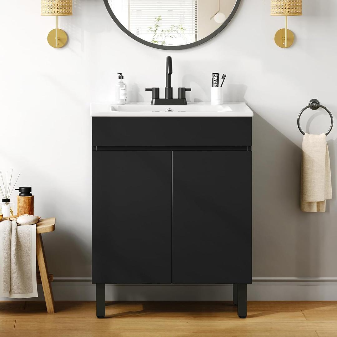YITAHOME 24 Inch Bathroom Vanity with Sink, Bathroom Cabinet Vanity for Small Space, Freestanding Storage Bathroom Vanity with 2 Soft Closing Cabinets, Black