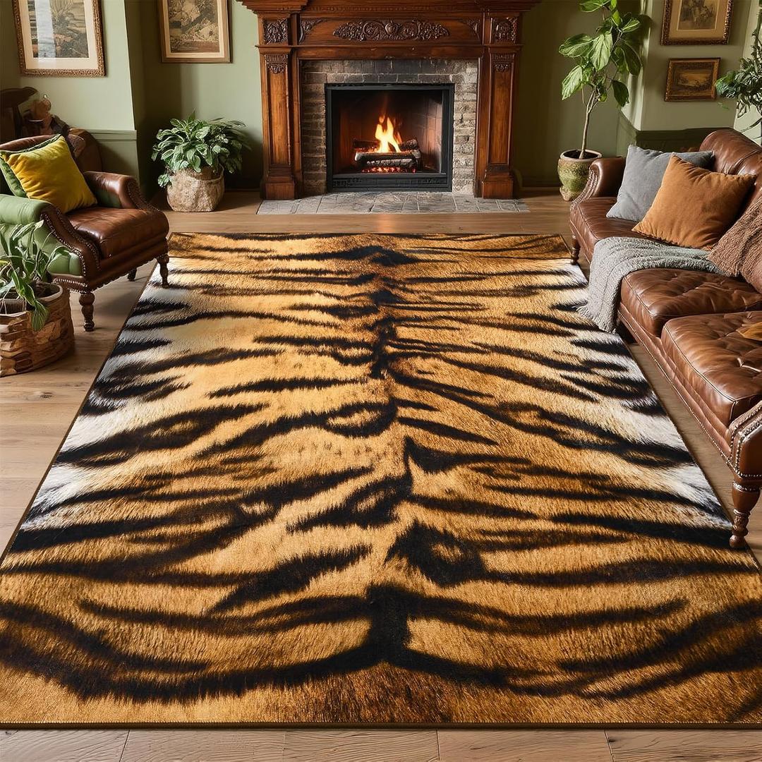 DweIke 8x10 Area Rug for Living Room, Washable Soft Abstract Tiger Stripe Carpet for Bedroom, Low Pile Rubber Backed Animal Print Rugs, Non-Slip Throw Carpets for Dining Room Western Home Decor