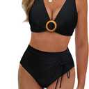BMJL Womens High Waisted Bikini Sets Floral Two Piece Swimsuits V Neck Tummy Control Bathing Suits (Large, Black51)