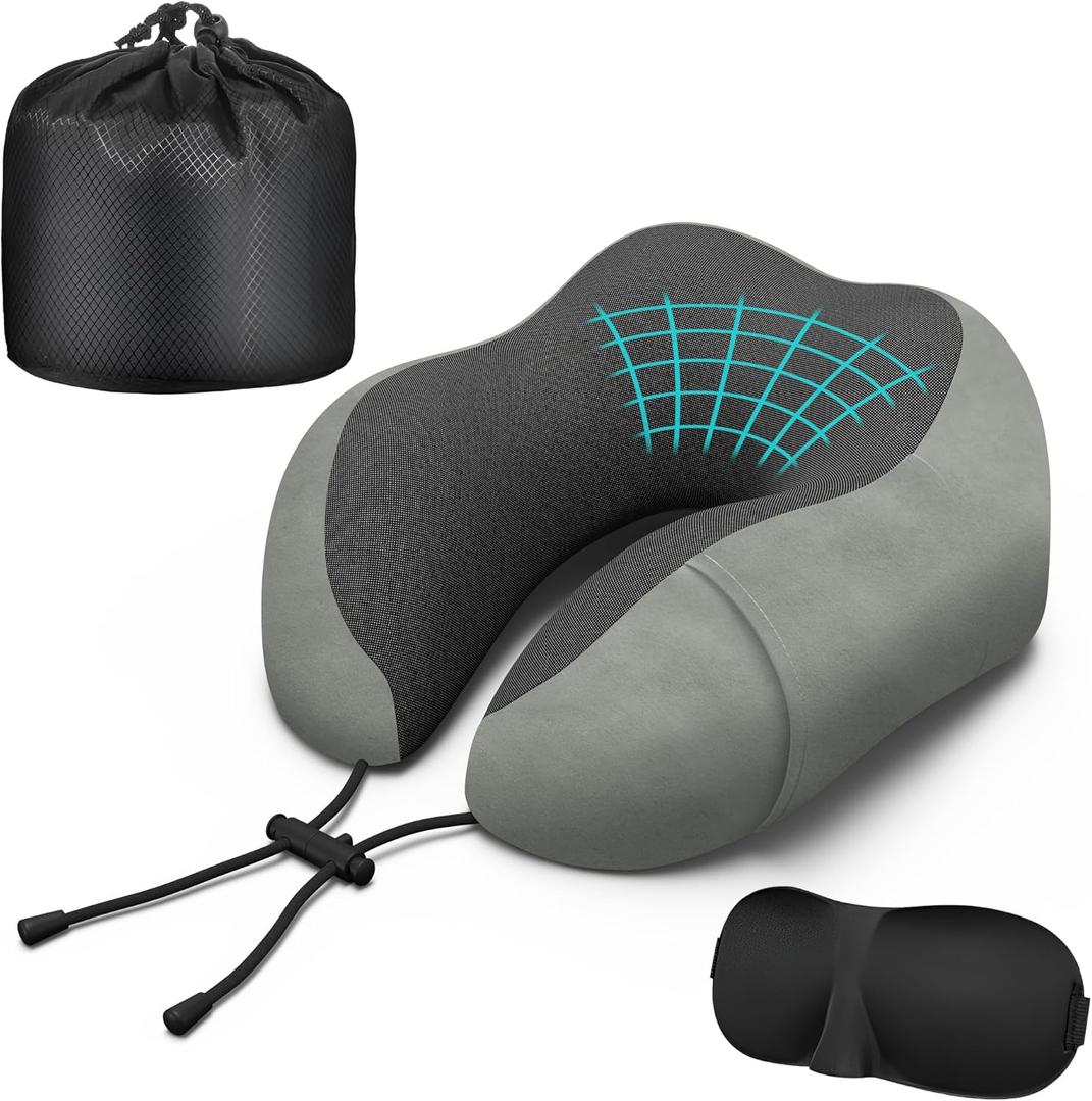 Neck Travel Pillow, Upgraded Memory Foam Pillow for Airplane, Machine Washable, Adjustable Flight Pillow, Suitable for Sleeping Airplane, Car, Office and Home (Grey)