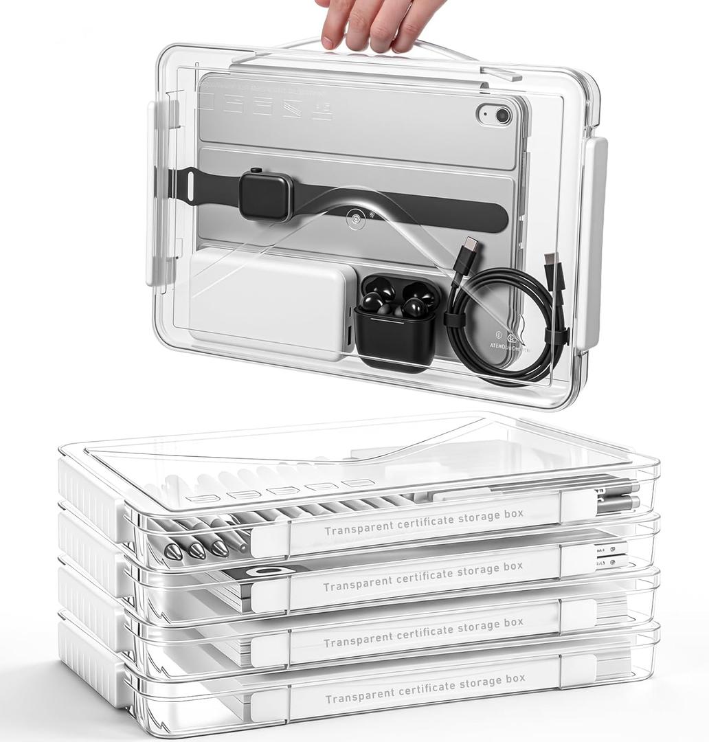 Novabright 5 Pack Clear Plastic File Boxes with Handle Portable Project Case Paper Storage Bin with Lid Transparent Stackable Container Document Magazine Protector for A4 Paper Photo Craft Scrapbook