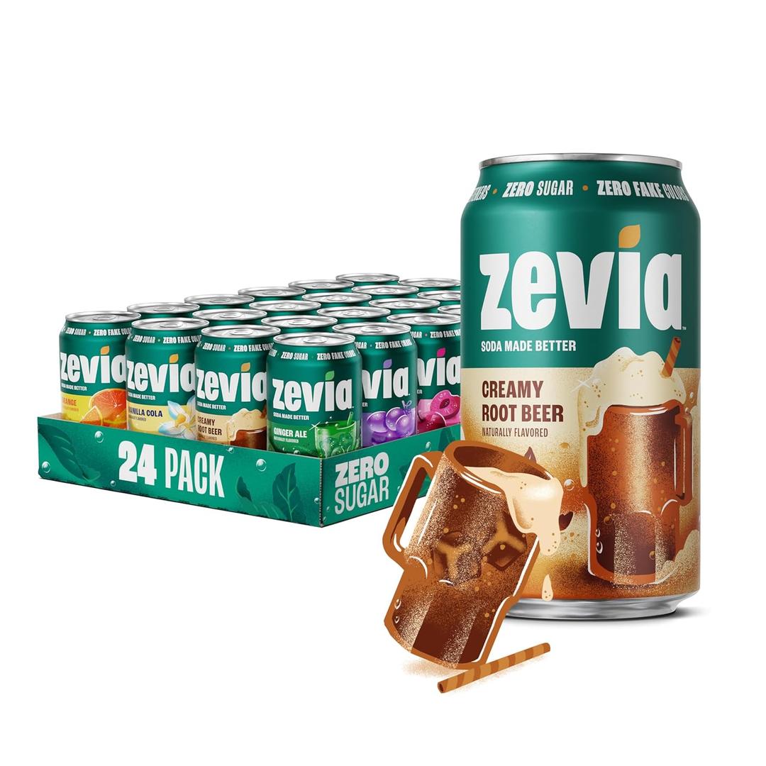 Zevia Zero Sugar Soda, Rainbow Variety Pack, 12 oz Cans (24-Pack) Naturally Sweetened, Non-GMO Project Verified, Gluten-Free, Vegan (BBD 06/22/27)