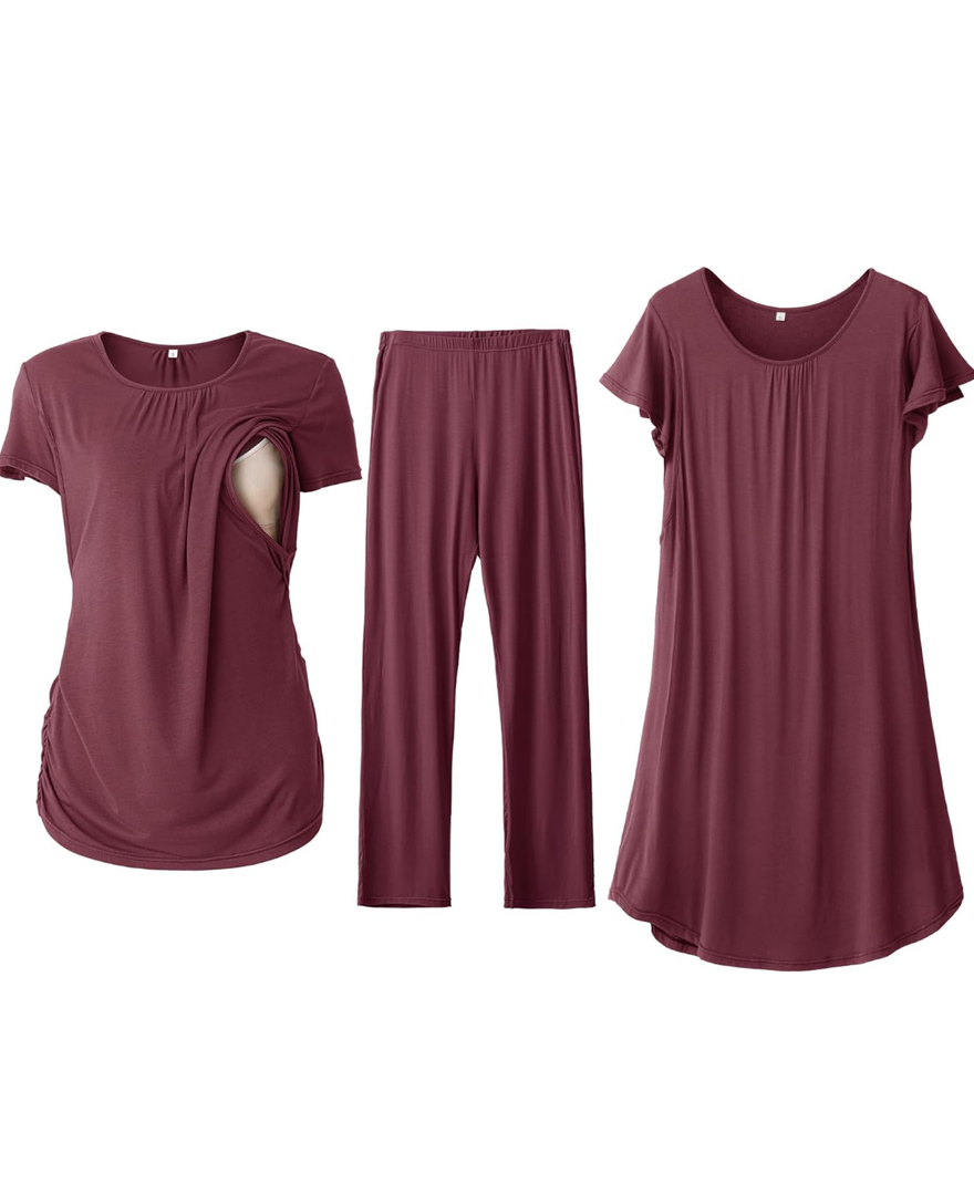 SUNNYBUY Women 3 PCS Maternity Nursing Nightgown Dress & Short Sleeve Breastfeeding Top & Pregnancy Pants Sleepwear Set 2XL, Burgundy 