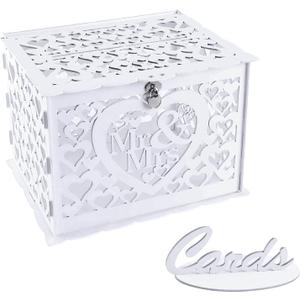 Ywlake Wedding Money Box Holder with Sign, Large Rustic Wood Wooden DIY Envelope Gift Post Card Boxes with Lock Slot for Reception Anniversary Graduation Birthday Party Parties (Mr & Mrs, White)