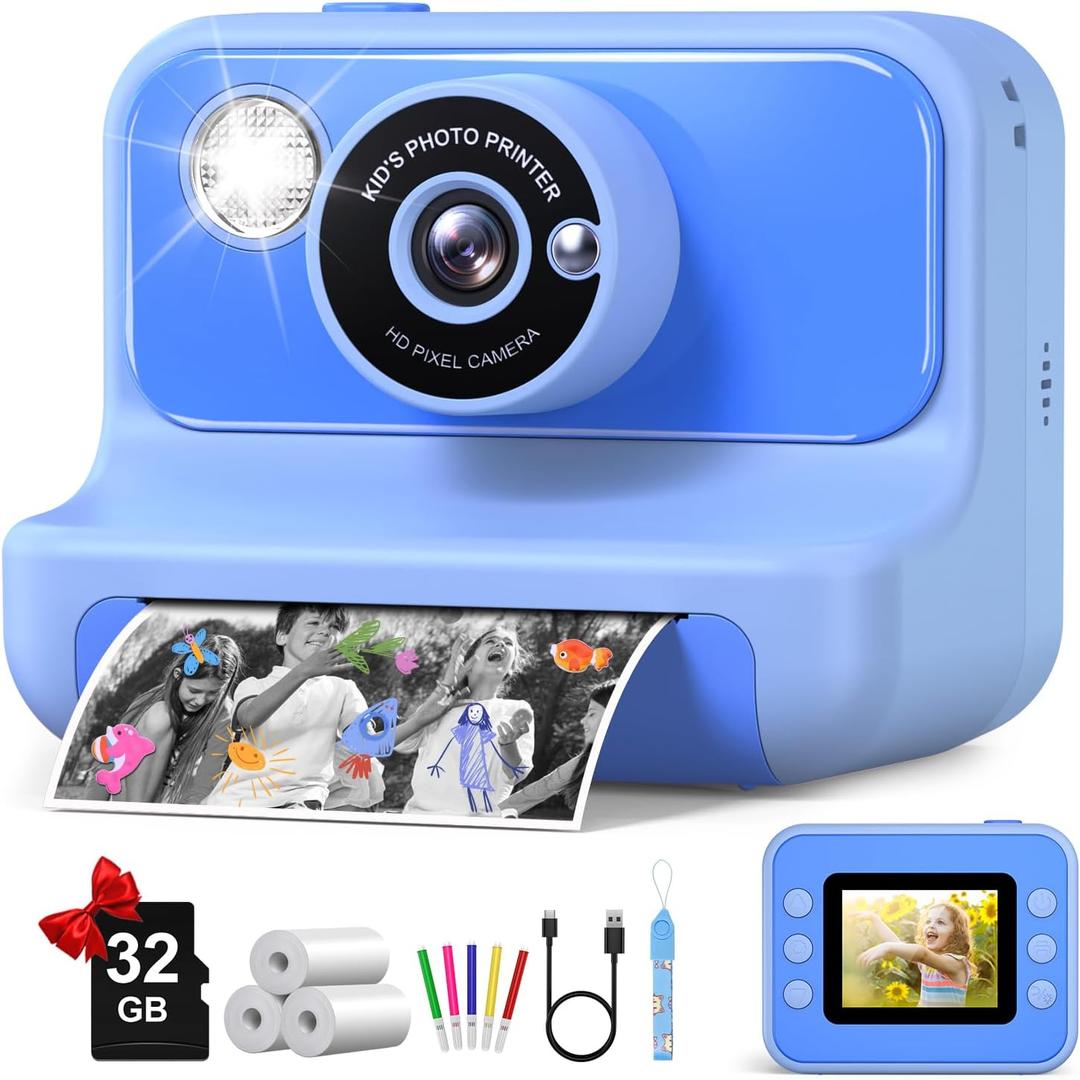 Kids Camera Instant Print, Christmas Birthday Gifts for Girls and Boys, Kids Camera with 32GB Card, Toddler Toy Camera for 3-12 Years Old, Blue