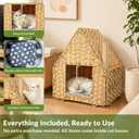 Handwoven Rattan Cat Bed for Indoor Kitten, Cat Cave Bed with Sisal Ball, Cushion & Cat Scratch Post, Foldable Hideaway Cat Hut in Bedroom Living Room, Natural