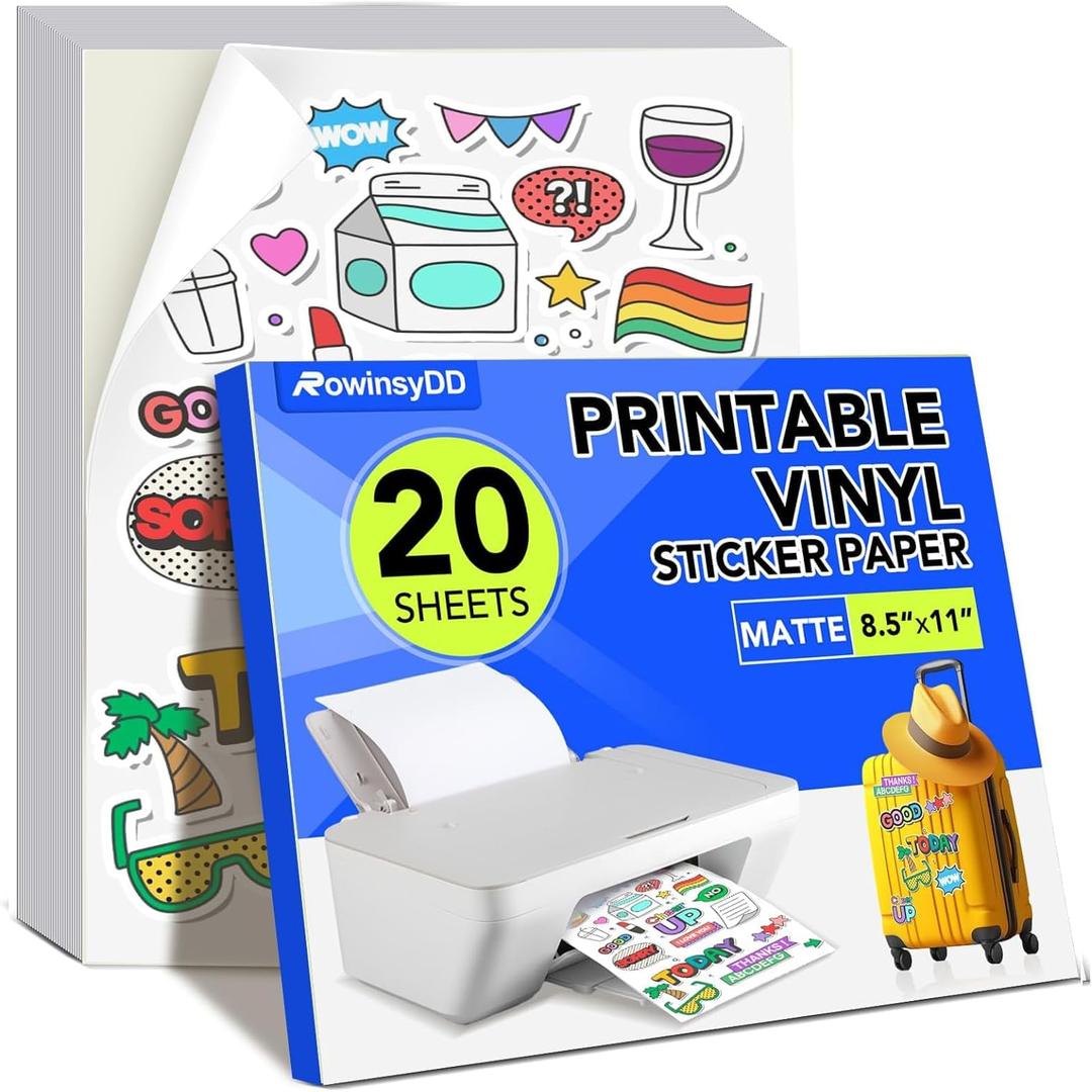 20 PCS Printable Vinyl Sticker Paper for inkjet printer & Laser Printer, Standard Letter Size 8.5"x11", Waterproof Sticker Paper Dries Quickly Vivid Colors, Matte White