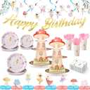 258 Pcs Fairy Birthday Party Decorations Include Disposable Fairy Paper Plate Napkin Teacup Saucer Cupcake Stand Centerpiece Bunting Banner Hanging Decoration Spring Ballet Forest Birthday Baby Shower