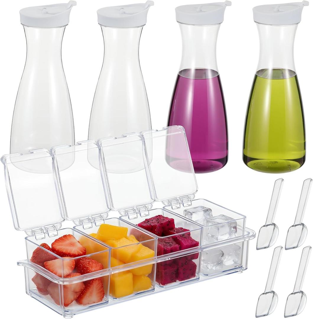 5 Pcs Mimosa Bar Supplies, Plastic Carafe with Lids, Clear Round Juice Pitcher Containers, Seasoning Box with Lid, Fruit & Garnish Tray for for Juice, Milk, Iced Tea, Salad, Candy Containers