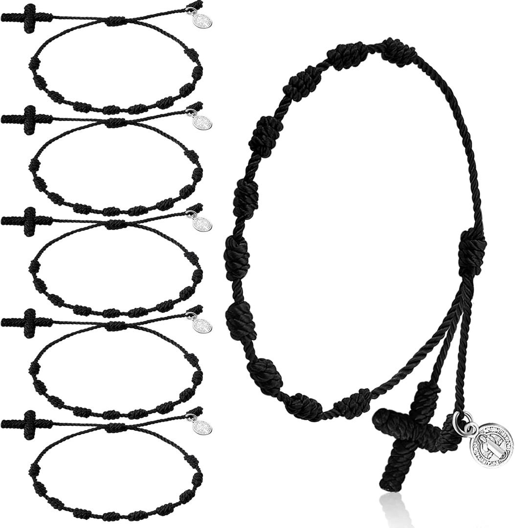 Yinkin 30 Pieces St Benedict Medal Rosary Bracelet Bulk Adjustable Knot String Braided Bracelet Baby Protection Mexican Bracelets with Mesh Bags for Women Men Girls Boys Minimalist Jewelry (Black)