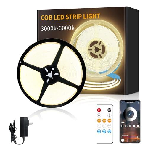 Yeewhale COB LED Strip Lights 50ft,3000K DC 24V Dimmable Warm White Flexible LED Rope Lights for Bedroom,with Remote and app Control LED Lights Strip for Living Room, Shelf, Cabinet