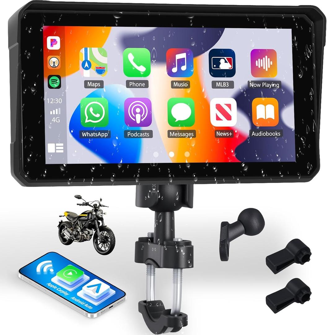SIXTOP Motorcycle CarPlay Screen with Wireless Apple CarPlay Android Auto, 6 Inch IP68 Waterproof Touch Screen GPS Navigation for Motorbike Dual Bluetooth, Mirror Link, EQ, Siri Google Voice Control